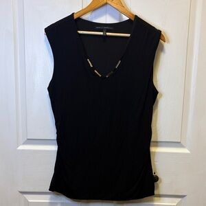 White House Black Market Black V-Neck Sleeveless Tank with Gold Accent